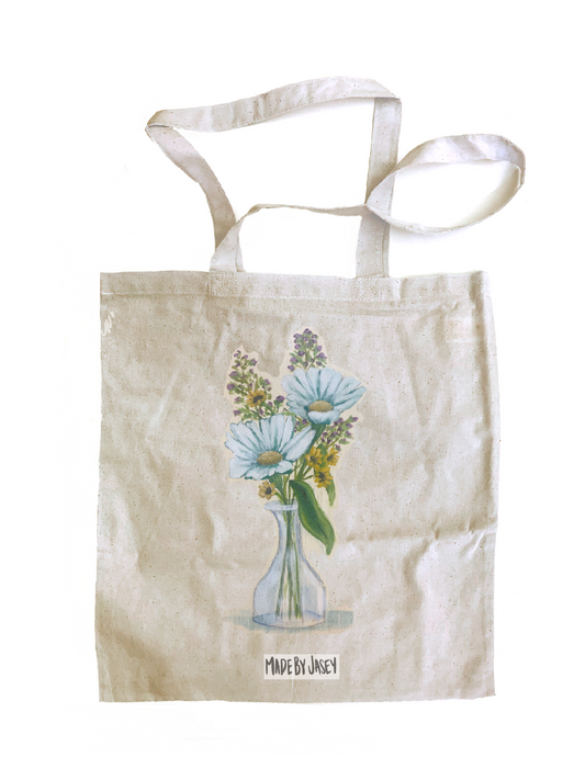 Dainty Floral Glass Vase with Daisies Cotton Tote Bag