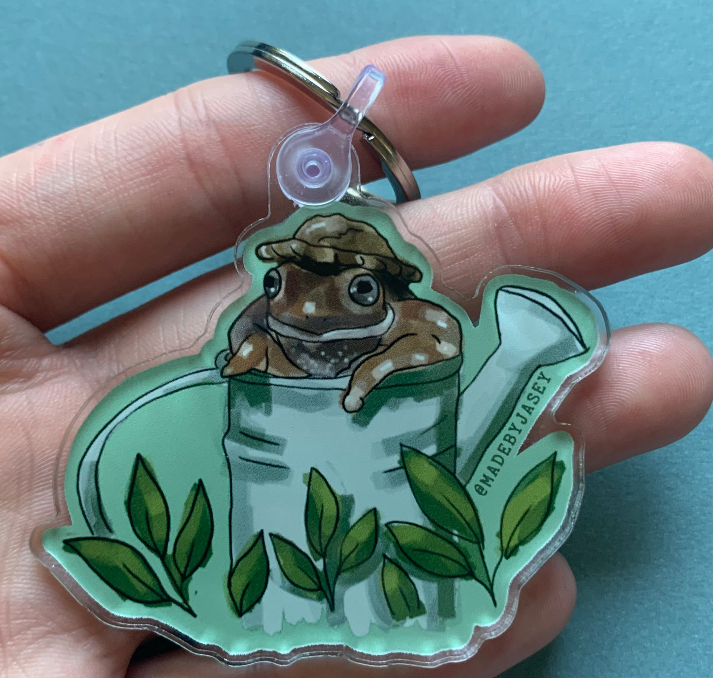 Frog in Watering Can Acrylic Keychain- Made by Jasey